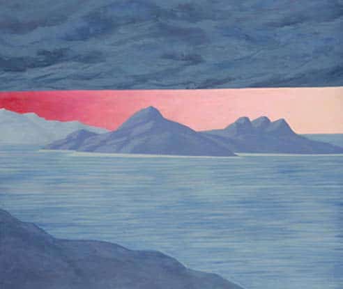 18 Dicembre 1989, anteprima dell'opera. Il dipinto di Carlo Battaglia mostra un paesaggio marino osservato da una scogliera.