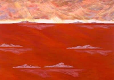 Arcipelago Canto XIX, anteprima dell'opera. Il dipinto di Carlo Battaglia mostra un arcipelago di isolotti, immersi in un mare rosso intenso.