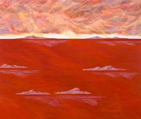 Arcipelago Canto XIX, anteprima dell'opera. Il dipinto di Carlo Battaglia mostra un arcipelago di isolotti, immersi in un mare rosso intenso.