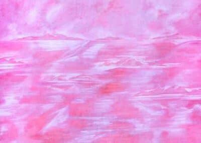 Arcipelago Canto I, anteprima dell'opera. Il dipinto di Carlo Battaglia mostra un paesaggio marino di colore rosa.