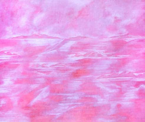 Arcipelago Canto I, anteprima dell'opera. Il dipinto di Carlo Battaglia mostra un paesaggio marino di colore rosa.