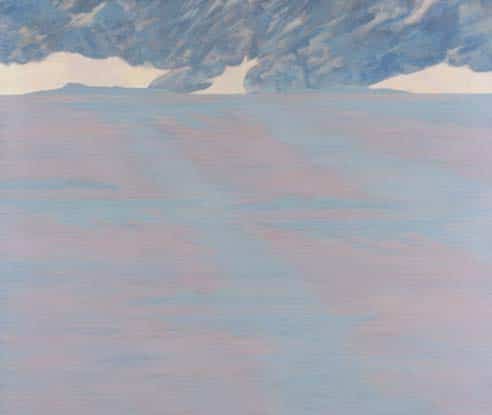 Arcipelago Canto XV, anteprima dell'opera. Il dipinto di Carlo Battaglia rappresenta un paesaggio marino nuvoloso e grigio, con due isole sull'orizzonte.