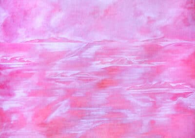 Arcipelago Canto I: il dipinto di Carlo Battaglia mostra un paesaggio marino di colore rosa.