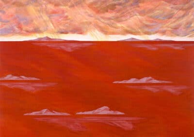 Arcipelago Canto XIX: il dipinto di Carlo Battaglia mostra un arcipelago di isolotti, immersi in un mare rosso intenso.