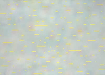 Cadmus: il dipinto mostra una tempesta di linee gialle orizzontali di varie dimensioni su uno sfondo grigio con sfumature maculate più scure e tendenti al rosa.